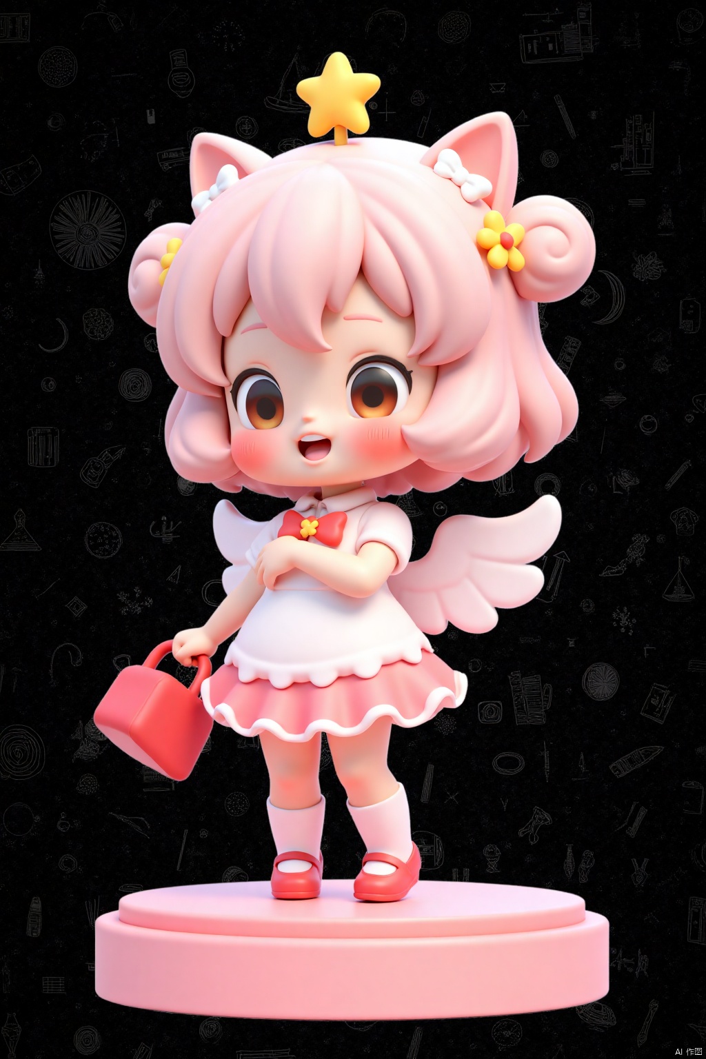 a pink doll stands on a platform with a black background. The doll's head is adorned with a yellow star, a bow, and a pair of pink wings. The girl's dress is a light pink color, with a pink skirt and white socks. Her arms are draped across her body, and she is holding a red purse. Her eyes are open, and her mouth is slightly slightly open. Her hair is a pale pink, with white bows on her head, and the doll's ears are adorned with two small yellow flowers.