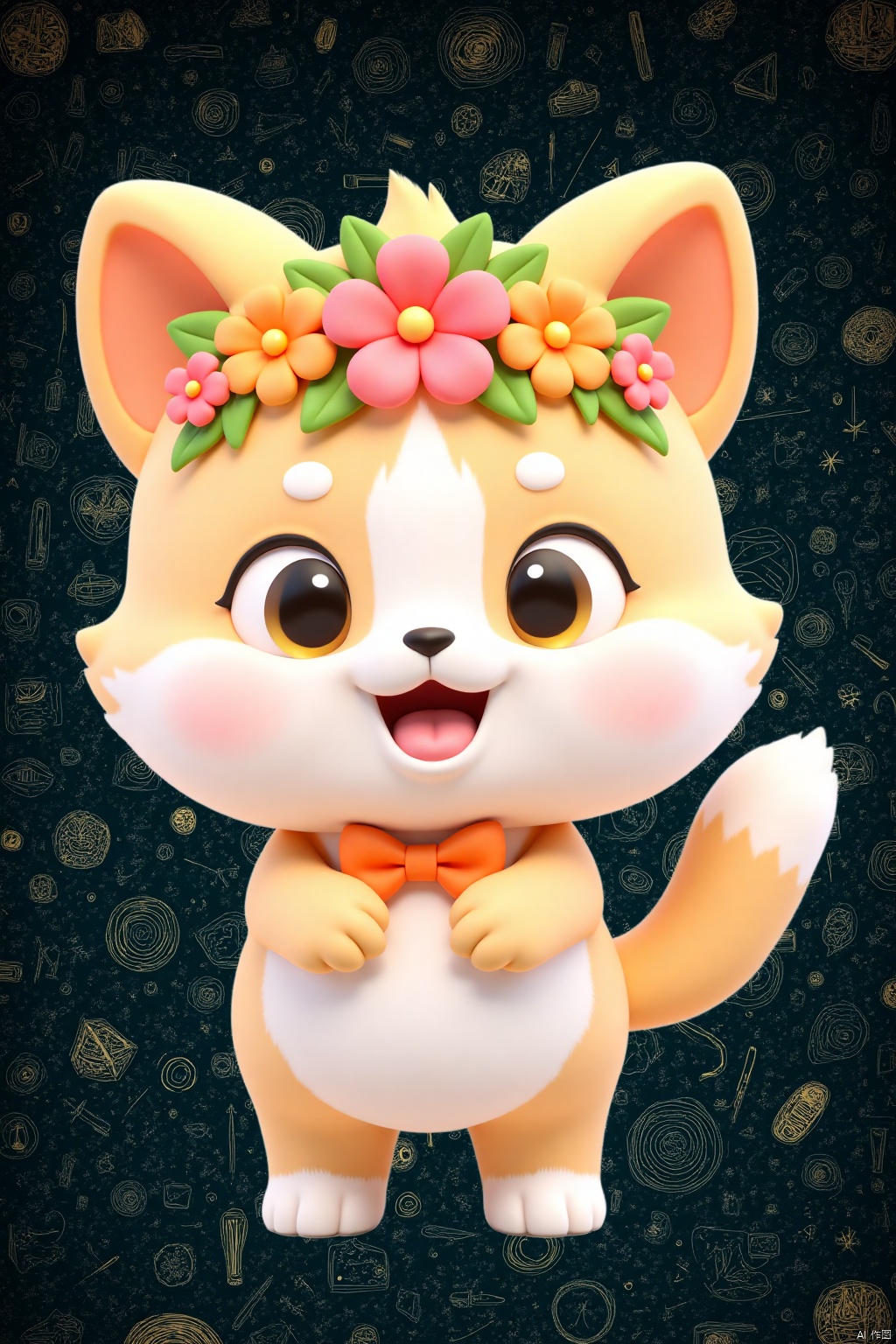 a medium-sized cartoon cat is adorned with a flower crown. The cat's head is adorned in a cream-colored fur, adorned with pink and yellow flowers, adding a pop of color to the otherwise monochromatic scene. Its eyes, a black nose, and a black mouth, are accentuated by a small orange bow tie. Its mouth is slightly open, revealing a pink tongue. The background is a dark blue with a intricate pattern of swirls and lines, adding depth to the composition.