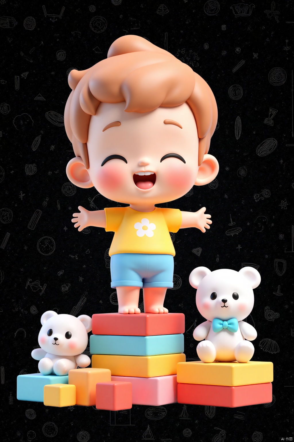a medium-sized cartoon doll stands atop a stack of colorful blocks. The doll's head is adorned with a yellow t-shirt, blue shorts, and a white flower. Its eyes are closed, and its mouth is slightly open, as if it is squinting. The toy is positioned on a black background with a pattern of white stars and lines. To the right of the doll is a white teddy bear with a bow tie and a blue bow tie. To its left is a small white bear with black eyes and a pink nose.