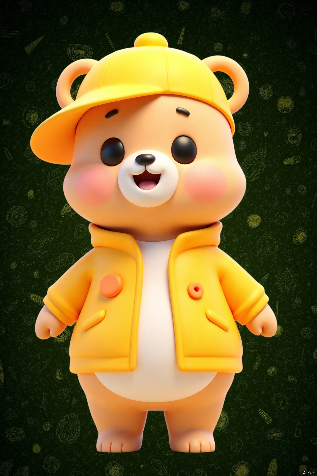 a medium-sized cartoon bear is positioned in front of a dark green background. The bear is adorned with a bright yellow hat, a white shirt, and a matching yellow coat. The coat has a small orange button on the left side of the chest, adding a pop of color to the scene. Its eyes, a black nose, and two small black circles on the right side of its head, adding depth to the composition.