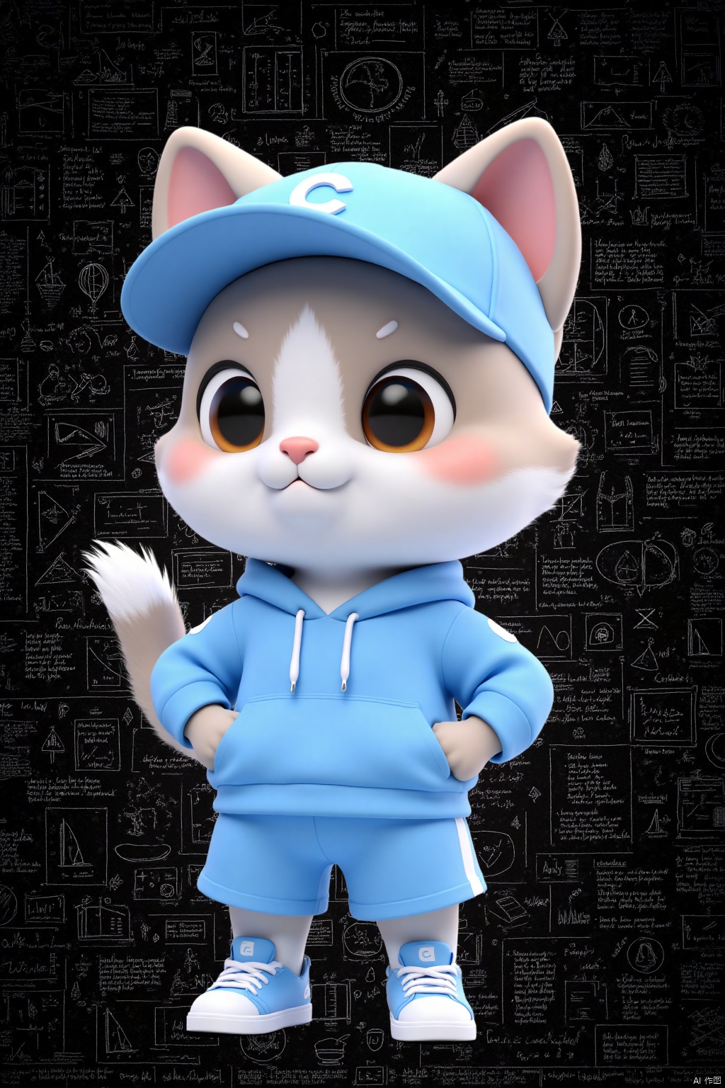 a cartoon cat is standing in front of a black chalkboard. The cat is wearing a light blue baseball cap with a white "C" on it. The cap has two pink ears sticking out of it, and the cat's eyes are tinted with black. His nose is pink, and his mouth is slightly open. His feet are crossed, and he is wearing blue and white sneakers with blue laces. He is standing with his left hand on his hip. His right hand is draped over his right shoulder. His left hand is resting on his left shoulder. He's wearing a blue hoodie over his blue shorts. The hoodie has a white button on the front of it.