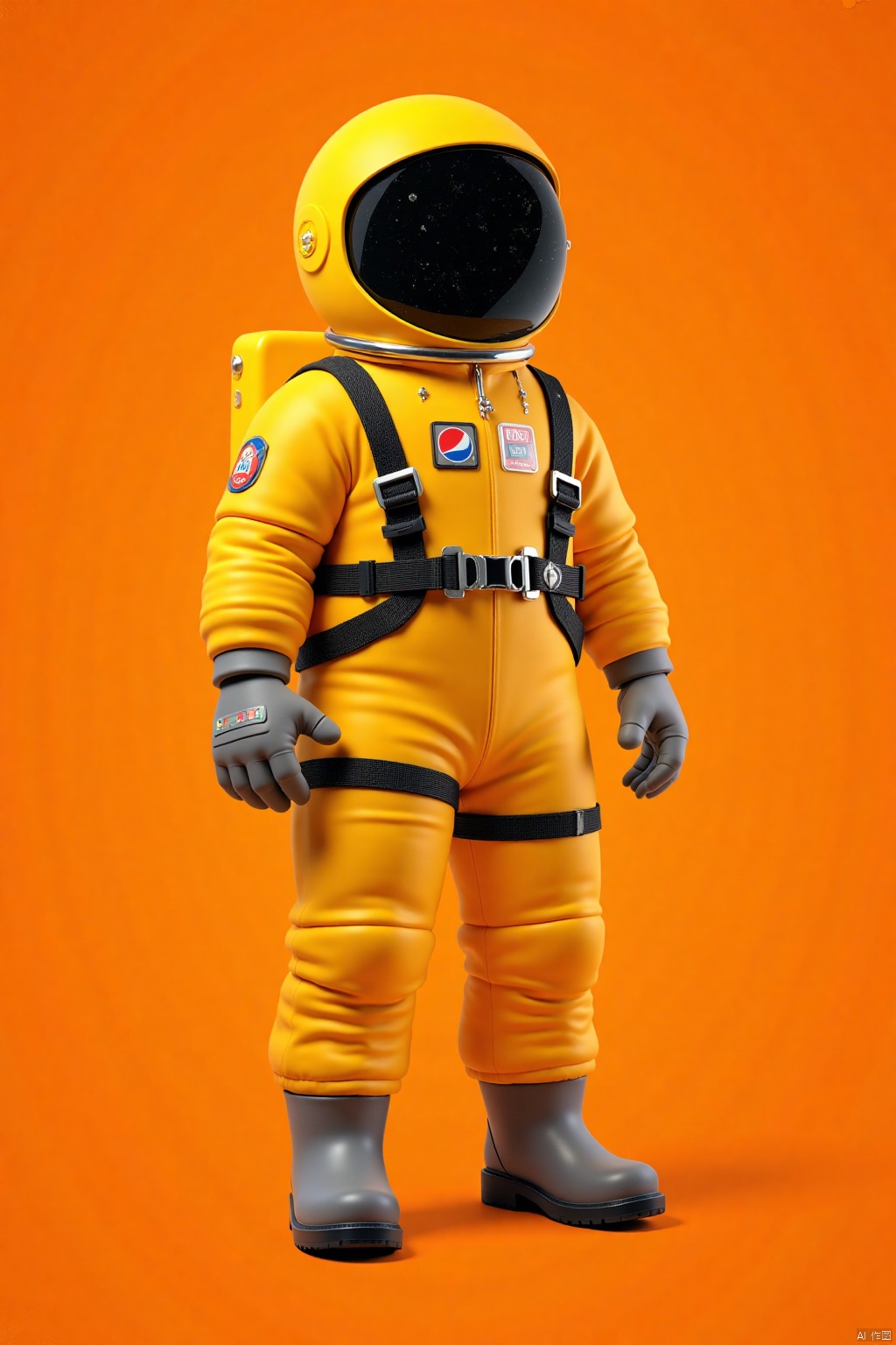 a medium-angle view of a full-up, full-length astronaut suit, adorned with a yellow helmet and a black face mask. The suit is adorned with black straps, a black belt, and a pair of gray boots. The astronaut's glove is positioned to the left of his body, adding a touch of contrast to the composition. The backdrop, a vibrant orange, adds a pop of color to the scene.