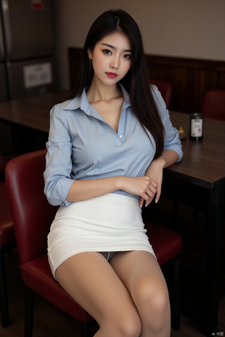 1girl,solo,sitting,light blue blouse,white skirt,flesh colored pantyhose,Luminous pantyhose,panty_shot,full body,looking at viewer,in a bar,dimly lit,masterpiece,realistic,best quality,highly detailed,highres,plns,vicky, 