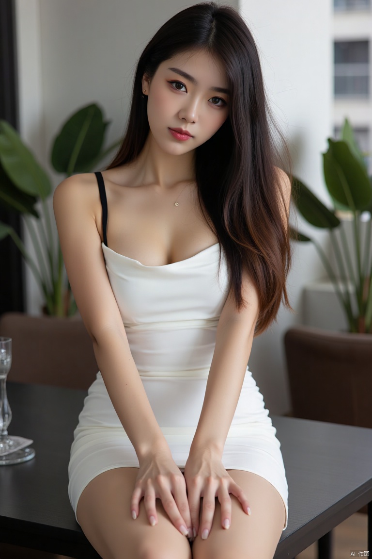 1girl,solo,sitting,strap dress,flesh colored pantyhose,Luminous pantyhose,panty_shot,looking at viewer,outdoors,masterpiece,realistic,best quality,highly detailed,highres,plns,vicky, 