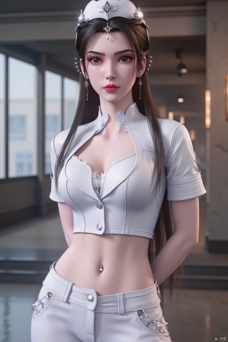 Here is a high-quality coherent stable diffusion prompt based on your input:

A stunning nurse stands confidently in a mid-cowboy shot, her very long brown hair tied up in a ponytail with bangs framing her face. Her white shirt has short sleeves and a slight sheen, paired with a miniskirt that showcases her toned legs. The focus is on her impressive bust, adorned with shiny pantyhose-clad thighs. Her brown eyes sparkle with confidence as she stands arms behind her back, navel visible under the skirt's hem. A nurse cap sits atop her head, and bold red lips complete the look. Indoor lighting accentuates her porcelain skin, drawing attention to her defined stomach and curvaceous figure in a white skirt that falls just above midriff.