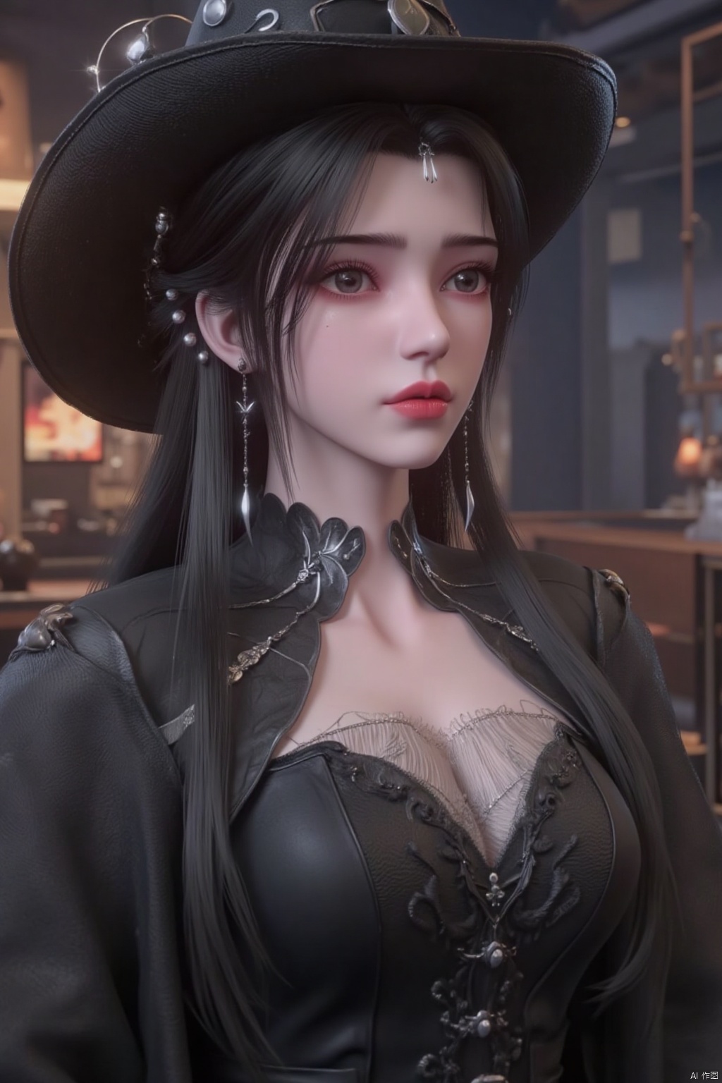 1girl, solo, long hair, breasts, looking at viewer, black hair, long sleeves, hat, dress, cleavage, jewelry, medium breasts, closed mouth, cowboy shot, earrings, indoors, wide sleeves, blurry, black dress, lips, clothing cutout, black headwear, tattoo, witch hat, blurry background, chain,  red lips, bar \(place\)