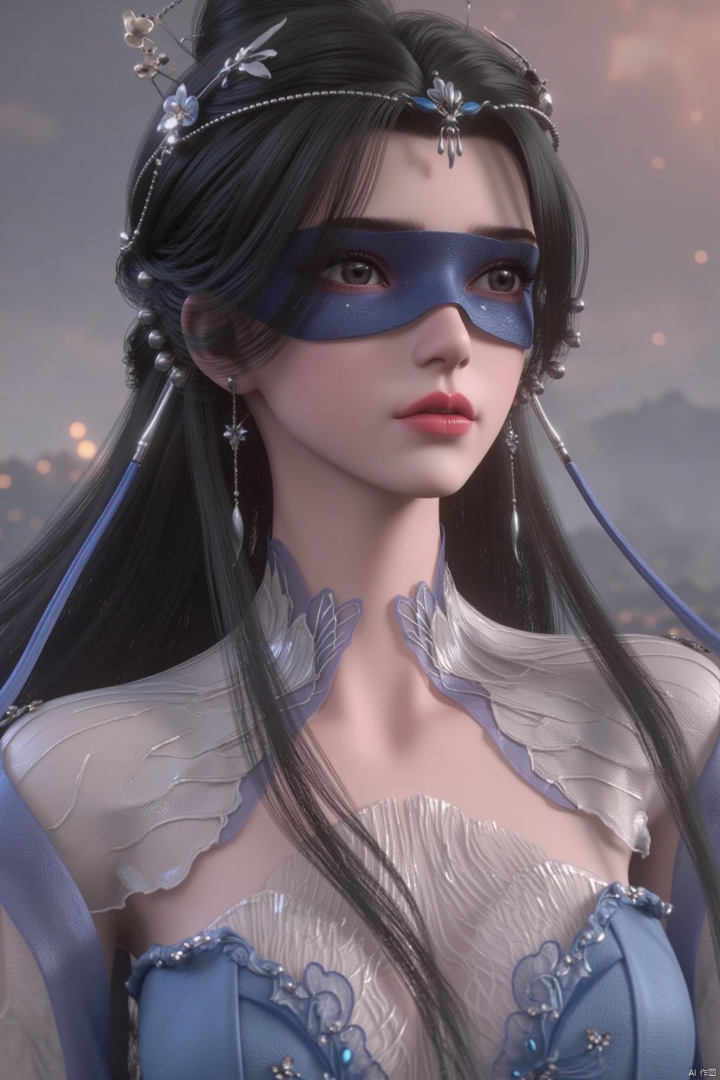 1girl, solo, long hair, black hair, hair ornament, dress, bare shoulders, jewelry, upper body, flower, earrings, blurry, blurry background, blindfold