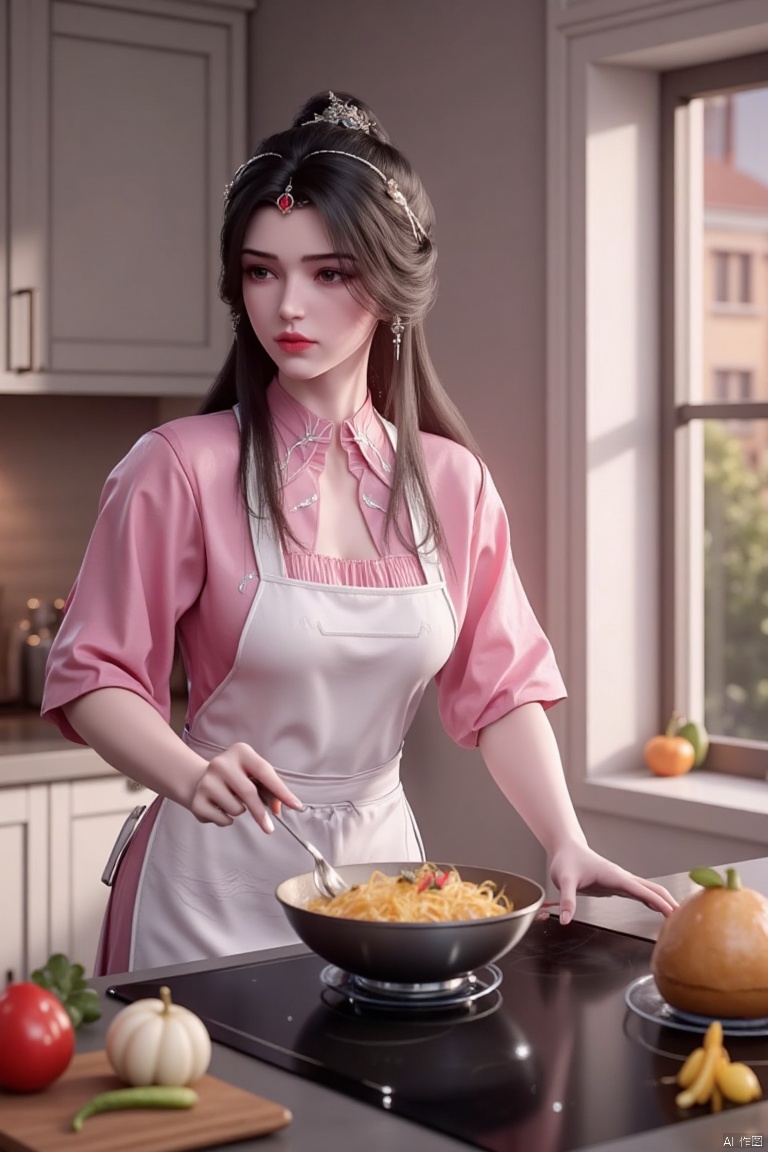 An animated image of a woman cooking in a kitchen. The woman is wearing a white apron and a pink shirt. She has long dark brown hair. She is holding a spoon in her right hand. Her left hand is on the stove. The stove is black. There are vegetables on the counter. There is a window on the right side of the image. The window has a reflection of a building on it.