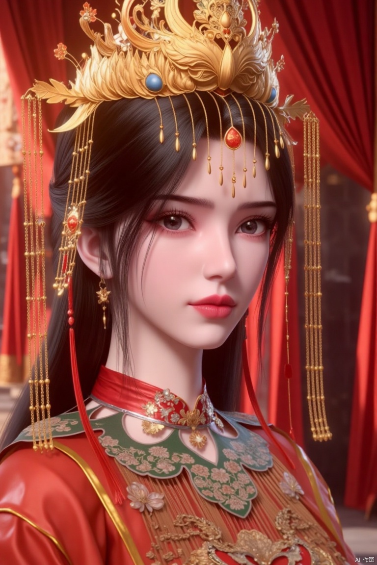 a close-up shot of a Chinese woman dressed in a red and gold kimono, adorned with a gold crown on her head. The woman's hair is dark brown, and her eyes are a piercing blue. The background is blurred, with a red curtain visible, adding a pop of color to the scene.,lmw