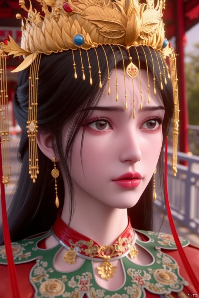 Close-up shot of a regal Chinese woman's face, adorned with a resplendent gold crown featuring vibrant red and blue stones. Her piercing blue eyes sparkle beneath a dark brown mane that cascades down her shoulders. She wears a stunning red and green dress embroidered with golden threads, complemented by a red choker around her neck. A pair of gleaming gold earrings add a touch of elegance to her ensemble. The blurred backdrop features a crimson curtain and white railing, subtly framing the subject's majesty.