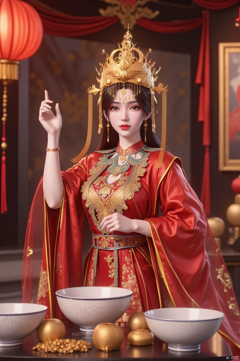 a Chinese doll stands in front of a table. The doll is dressed in a red robe, adorned with a gold crown on her head. She is holding a gold chain in her right hand. Her left hand is raised in the air, adding a touch of balance to her face. The table is adorned with ornate white porcelain bowls. The backdrop is blurred, with a red Chinese lantern on the left side of the frame.