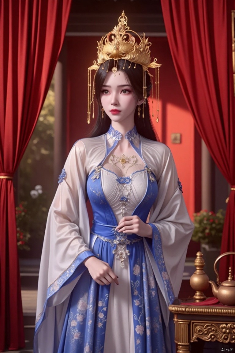 a woman dressed in a traditional Asian dress, adorned with a crown on her head, stands in front of a backdrop of red drapes. The woman's dress is adorned with white flowers and blue accents, adding a touch of color to the scene. To the right of the woman, a small teapot is placed on a brown table, adding to the overall ambiance.