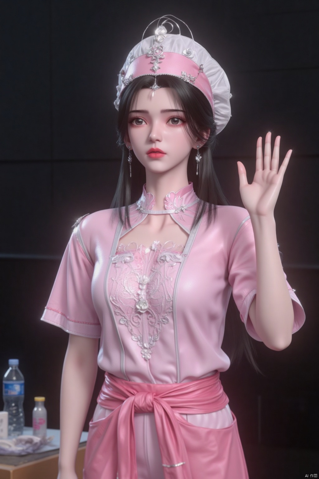 a young Asian woman, dressed in a pink chef's uniform, stands in front of a dark backdrop. Her uniform is adorned with a pink sash tied around her waist, adding a pop of color to her outfit. Her hair is styled in a sleek bob, and she's wearing a white chef's hat, adorned with an emblem on the front. Her eyes are a piercing blue, and her lips are painted a vibrant red. Her left hand is raised in the air, while her right hand rests on her hip. A water bottle, a napkin, and a few other objects are placed on the left side of the image. The backdrop is dark, creating a stark contrast to the woman's uniform.
