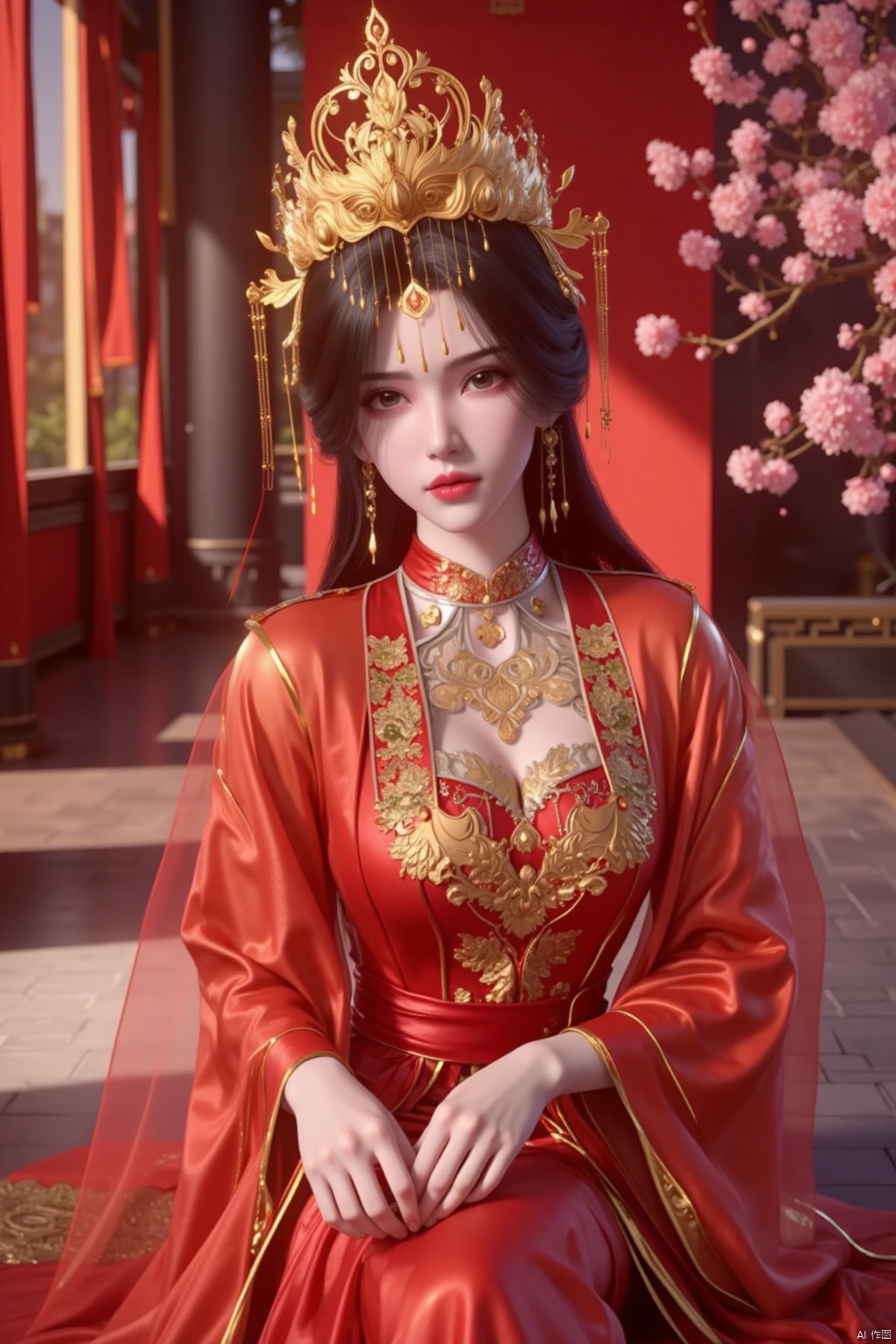 a woman dressed in a red silk dress, adorned with a gold crown, is seated on a step in front of a window. The woman's dress is adorned with gold accents, adding a touch of sparkle to her outfit. Her hair is styled in a sleek bob, and her eyes are a piercing blue. The backdrop is a vibrant red, with cherry blossoms adding a pop of color to the scene.
