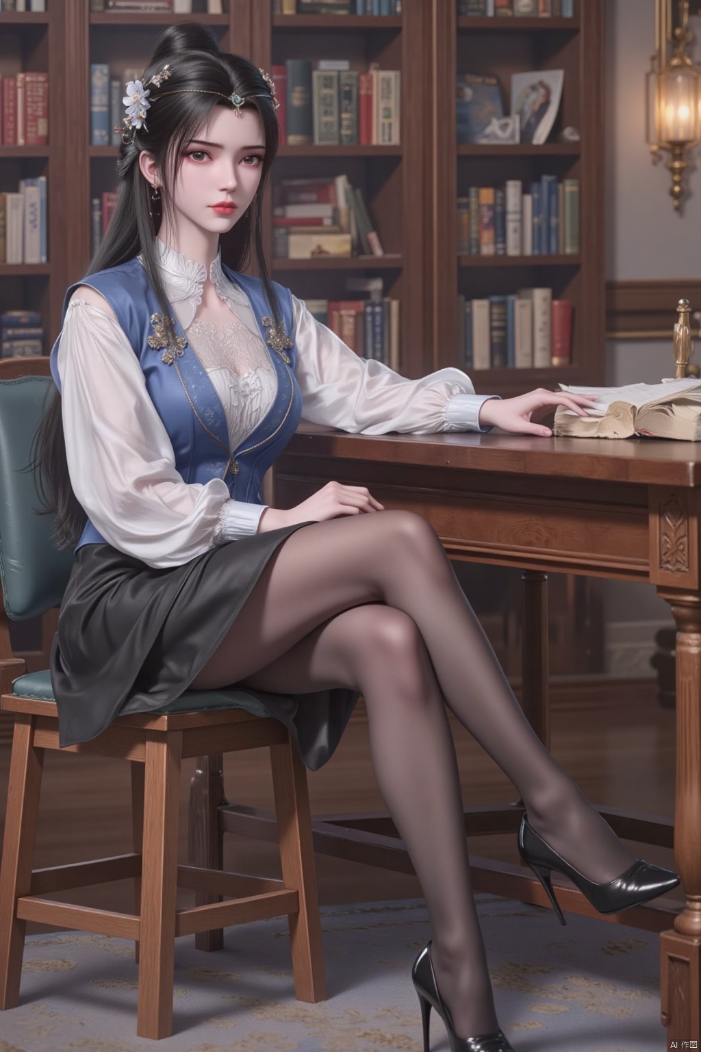 1girl, solo, long hair, breasts, looking at viewer, skirt, shirt, black hair, long sleeves, sitting, full body, white shirt, flower, pantyhose, parted lips, open clothes, shoes, indoors, black skirt, black footwear, vest, high heels, legs, book, black pantyhose, chair, table, pencil skirt, bookshelf, stool