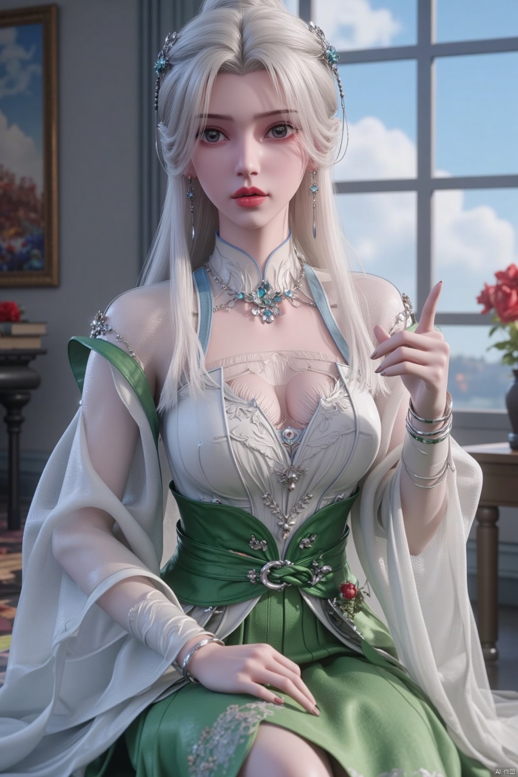CG,8K,1girl, solo, long hair, breasts, looking at viewer, blue eyes, large breasts, hair ornament, long sleeves, dress, cleavage, jewelry, sitting, flower, white hair, earrings, parted lips, sky, cloud, indoors, hand up, necklace, nail polish, bracelet, book, window, rose, green dress, vase