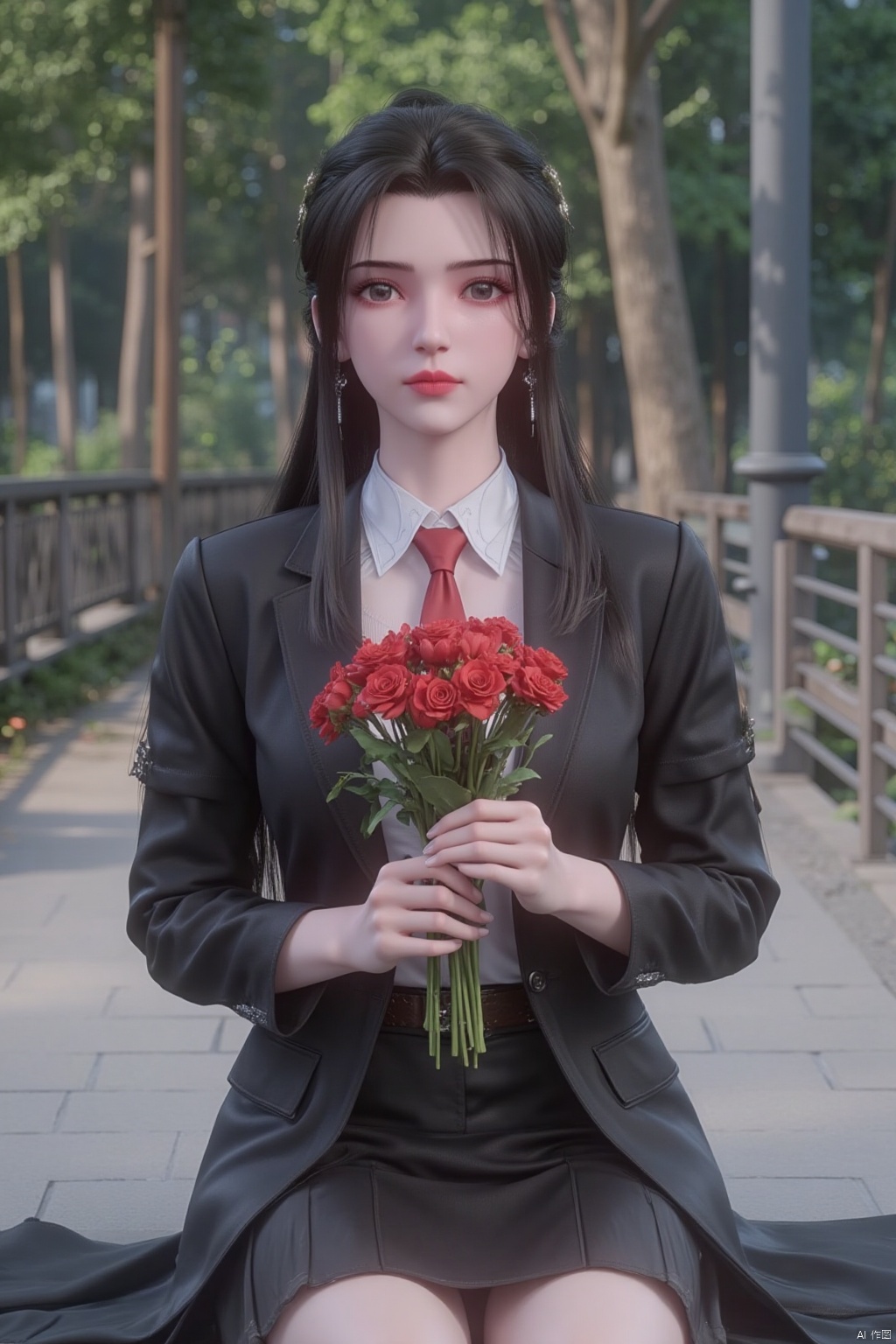 a young Asian woman is seated on a sidewalk, holding a bouquet of red flowers in her hands. She is dressed in a black blazer, a white collared shirt, and a black skirt with a red tie. The woman's hair is long, straight, and her eyes are a piercing blue. The background is blurred, with trees and a wooden fence in the distance.