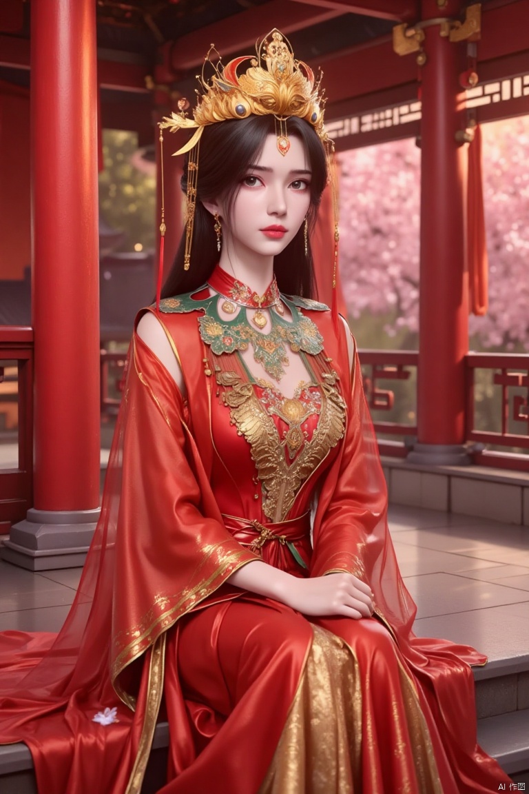 a woman dressed in a red silk dress, adorned with a gold crown, is seated on a step in front of a window. The woman's dress is adorned with gold accents, adding a touch of sparkle to her outfit. Her hair is styled in a sleek bob, and her eyes are a piercing blue. The backdrop is a vibrant red, with cherry blossoms adding a pop of color to the scene.