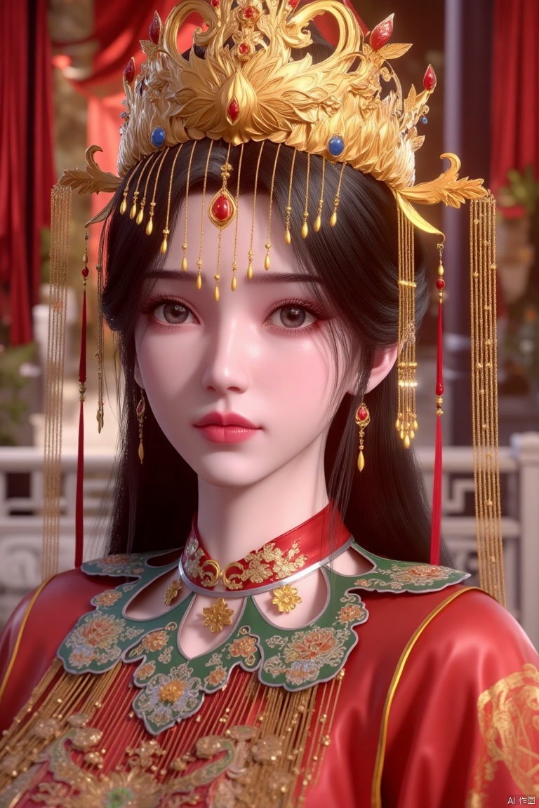 a close-up shot of a Chinese woman's head is adorned with a gold crown adorned with red and blue stones. Her eyes are a piercing blue, her hair is a dark brown, and she's wearing a red and green dress adorned with gold embroidery and a red choker around her neck. Her dress is adorned in a vibrant red, green and gold pattern, and her hair cascades down to her shoulders. She is wearing a pair of gold earrings, adding a touch of contrast to her outfit. The backdrop is blurred, with a red curtain and a white railing visible in the background.