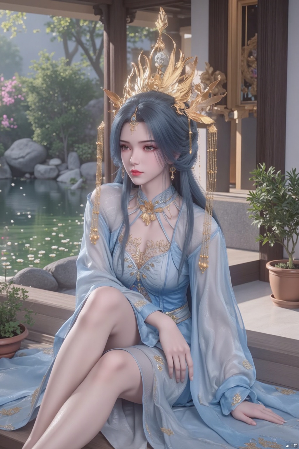 a woman with long, wavy blue hair, wearing a light blue dress, adorned with gold embroidery and a gold necklace. She is seated on a wooden platform, with her legs crossed. The woman's legs are crossed, her hair cascading over her shoulders, adding a touch of beauty to the scene. In the backdrop, a pond of water is visible, dotted with small white flowers. To the right of the woman, a brown pot with a plant in it is visible. The backdrop is a backdrop of rocks, a white building, and a tree with pink flowers.