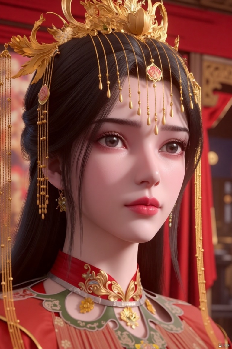 a close-up shot of a Chinese woman dressed in a red and gold kimono, adorned with a gold crown on her head. The woman's hair is dark brown, and her eyes are a piercing blue. The background is blurred, with a red curtain visible, adding a pop of color to the scene.,lmw