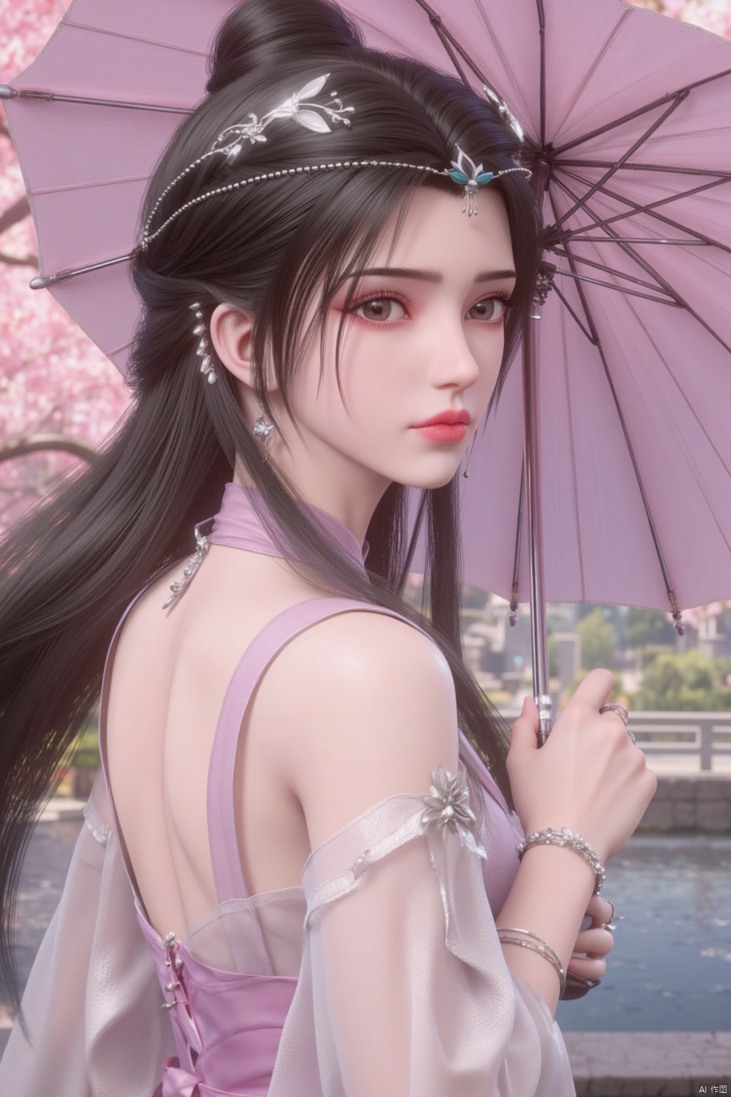 1girl, solo, long hair, breasts, looking at viewer, brown hair, hair ornament, dress, holding, bare shoulders, brown eyes, jewelry, upper body, ponytail, flower, outdoors, water, bracelet, from side, tree, umbrella, cherry blossoms, pink dress, holding umbrella, branch, bridge
