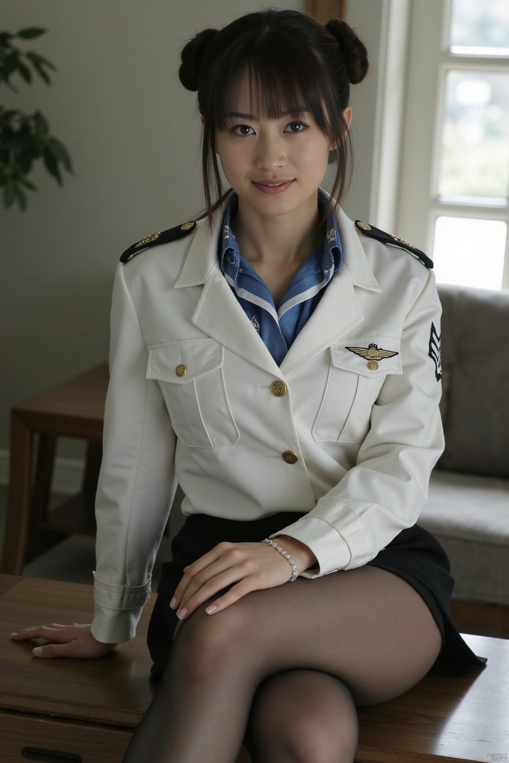 (1girl:1.3), (best quality, masterpiece, ultra high resolution),(photorealistic:1.3), (realistic:1.3), depth of field,(full body:1.4), (day:1.2), (cinematic lighting:1.2), kongjie, pantyhose, sitting, cross leg, smile, hair bun, no bangs