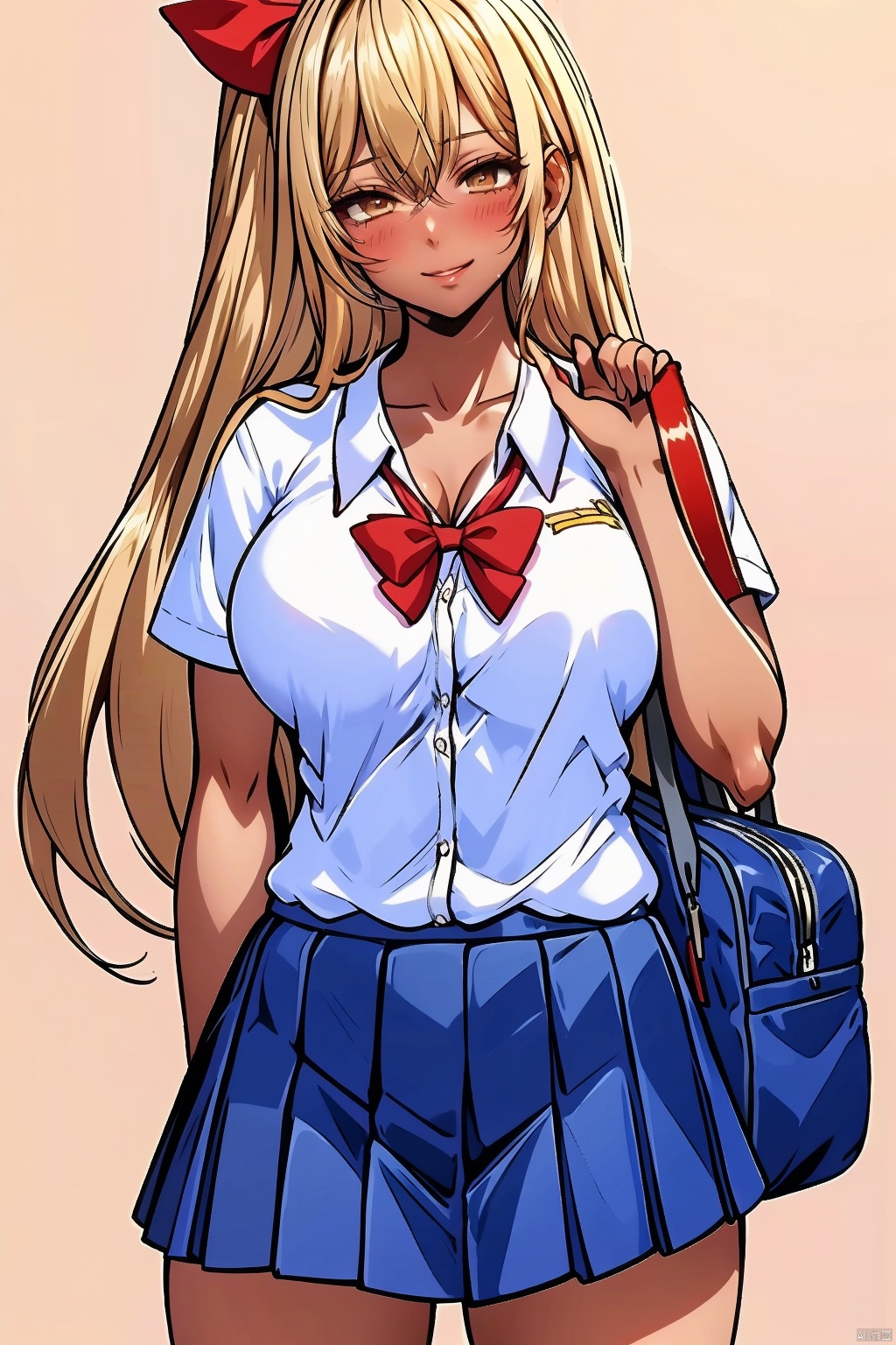 1girl solo long hair breasts looking at viewer blush smile bangs skirt blonde hair large breasts simple background shirt bow cleavage closed mouth school uniform collarbone yellow eyes white shirt short sleeves cowboy shot pleated skirt collared shirt dark skin bowtie bag red bow dark-skinned female blue skirt red bowtie school bag gyaru