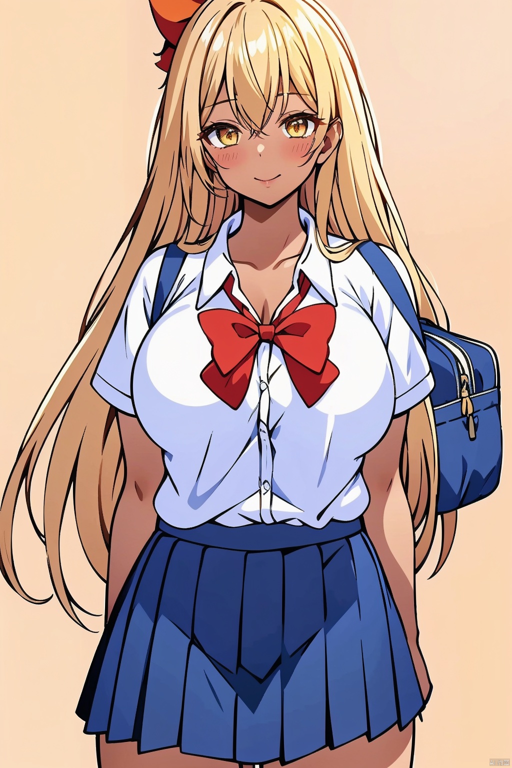 1girl solo long hair breasts looking at viewer blush smile bangs skirt blonde hair large breasts simple background shirt bow cleavage closed mouth school uniform collarbone yellow eyes white shirt short sleeves cowboy shot pleated skirt collared shirt dark skin bowtie bag red bow dark-skinned female blue skirt red bowtie school bag gyaru