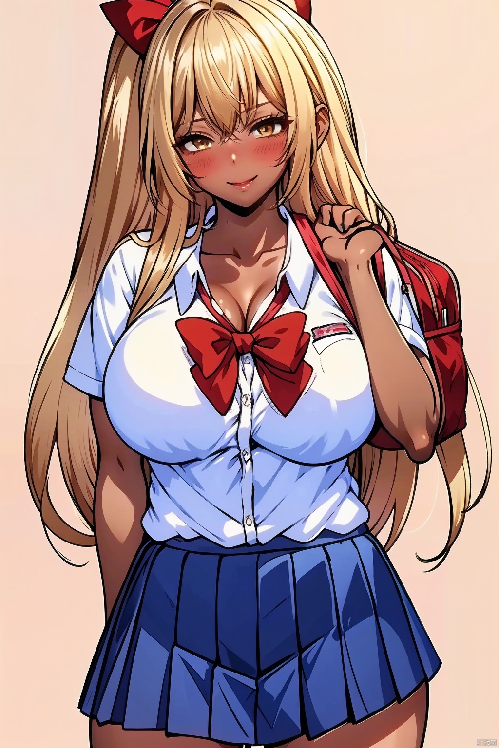 1girl solo long hair breasts looking at viewer blush smile bangs skirt blonde hair large breasts simple background shirt bow cleavage closed mouth school uniform collarbone yellow eyes white shirt short sleeves cowboy shot pleated skirt collared shirt dark skin bowtie bag red bow dark-skinned female blue skirt red bowtie school bag gyaru