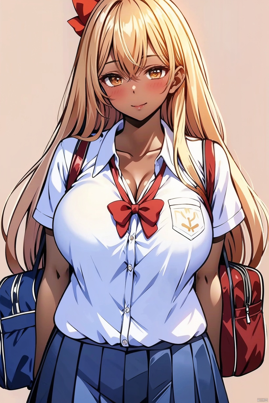 1girl solo long hair breasts looking at viewer blush smile bangs skirt blonde hair large breasts simple background shirt bow cleavage closed mouth school uniform collarbone yellow eyes white shirt short sleeves cowboy shot pleated skirt collared shirt dark skin bowtie bag red bow dark-skinned female blue skirt red bowtie school bag gyaru