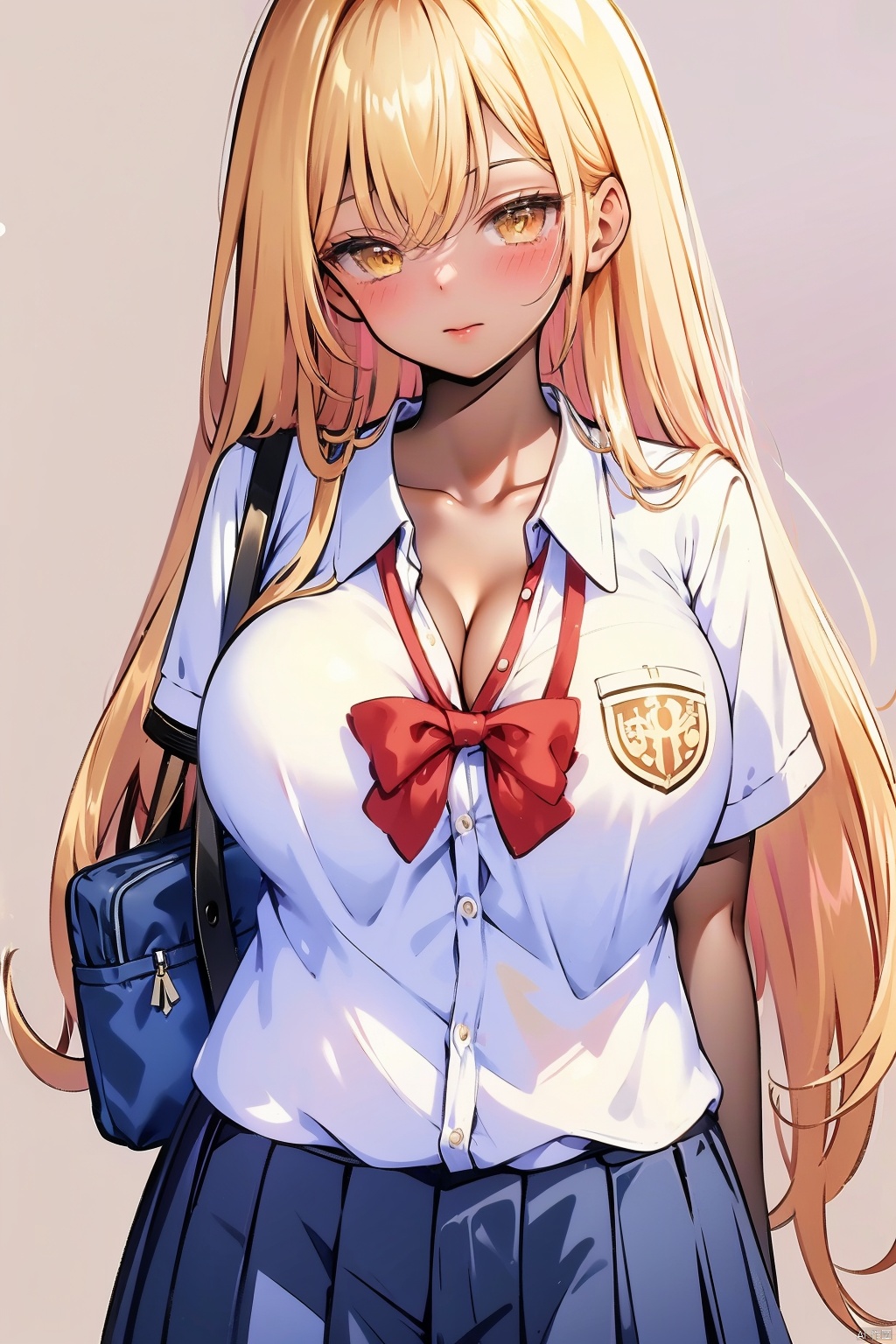 1girl solo long hair breasts looking at viewer blush smile bangs skirt blonde hair large breasts simple background shirt bow cleavage closed mouth school uniform collarbone yellow eyes white shirt short sleeves cowboy shot pleated skirt collared shirt dark skin bowtie bag red bow dark-skinned female blue skirt red bowtie school bag gyaru