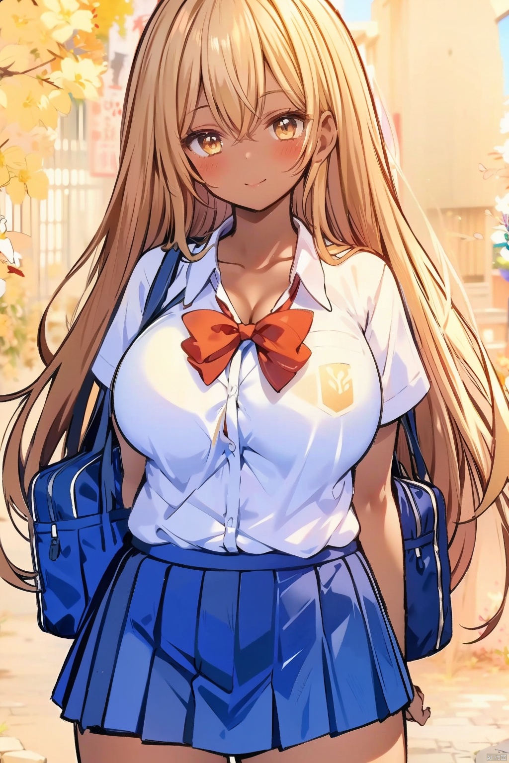 1girl solo long hair breasts looking at viewer blush smile bangs skirt blonde hair large breasts simple background shirt bow cleavage closed mouth school uniform collarbone yellow eyes white shirt short sleeves cowboy shot pleated skirt collared shirt dark skin bowtie bag red bow dark-skinned female blue skirt red bowtie school bag gyaru