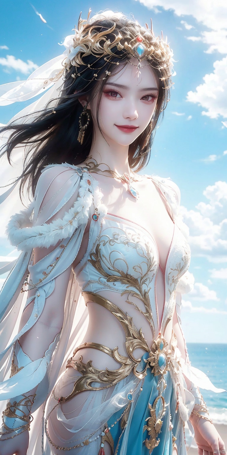 best quality, masterpiece, realistic,cowboy short,(Good structure), DSLR Quality,Depth of field,kind smile,looking_at_viewer,Dynamic pose, , Blue sky and white clouds on the beach,Masterpiece, (ultra wide angle lens: 1.2), Unity8k wallpaper, best quality, (detail shadow: 1.1), a beautiful girl, on a sea of light blue silk, translucent silk, floating light blue silk, surrealist style, minimalism, highly detailed texture, light blue, white clean background, CG rendering, light passing through clouds, 8k resolution, (motion photo: 1.2), (Fidelity: 1.4), original photos, movie lighting, 1girl,, , ,kind smile, , weddingdress, hongdie