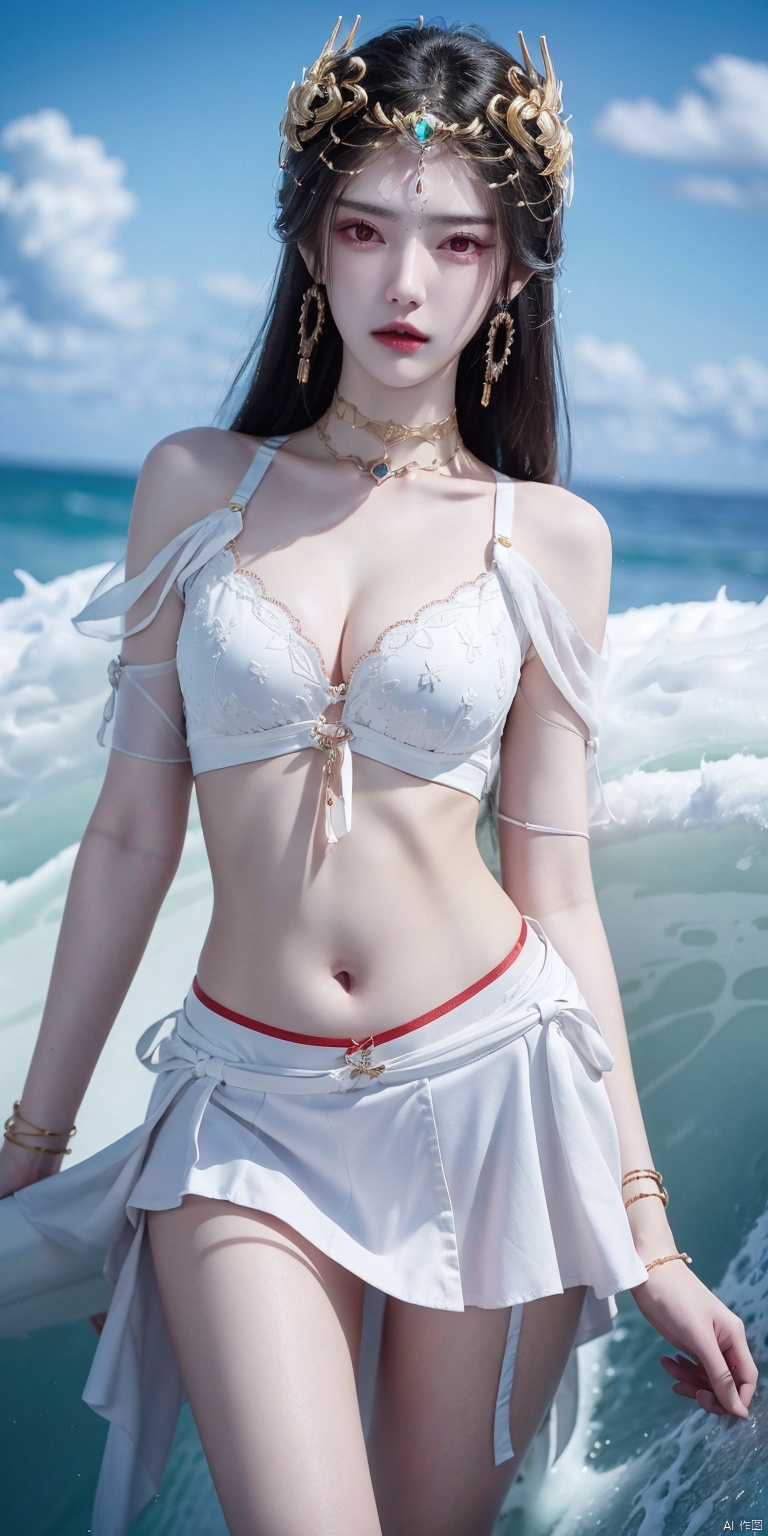  ,(Good structure), DSLR Quality,Short skirt,Blue sky, white clouds, ocean,((Surf)), nai3, 1girl, solo, crop top, , choker, navel, shirt, midriff, crop top overhang, looking at viewer, white shirt, jewelry, breasts, bare shoulders, off-shoulder shirt, off shoulder, black choker, thighs, stomach, long hair, bracelet, short sleeves, ribbon, hand up, collarbone, hair ribbon, medium breasts, , bra strap, , hair ornament, thigh gap, necklace, expressionless,hongdie