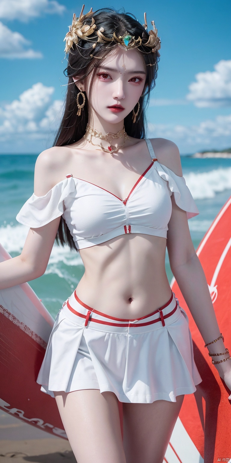  ,(Good structure), DSLR Quality,Short skirt,Blue sky, white clouds, ocean,((Surf)), nai3, 1girl, solo, crop top, , choker, navel, shirt, midriff, crop top overhang, looking at viewer, white shirt, jewelry, breasts, bare shoulders, off-shoulder shirt, off shoulder, black choker, thighs, stomach, long hair, bracelet, short sleeves, ribbon, hand up, collarbone, hair ribbon, medium breasts, , bra strap, , hair ornament, thigh gap, necklace, expressionless,hongdie