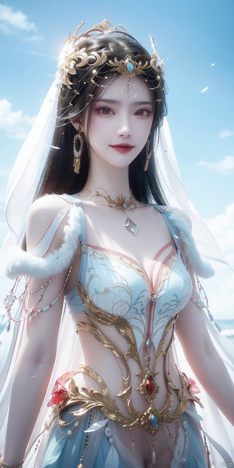 best quality, masterpiece, realistic,cowboy short,(Good structure), DSLR Quality,Depth of field,kind smile,looking_at_viewer,Dynamic pose, , Blue sky and white clouds on the beach,Masterpiece, (ultra wide angle lens: 1.2), Unity8k wallpaper, best quality, (detail shadow: 1.1), a beautiful girl, on a sea of light blue silk, translucent silk, floating light blue silk, surrealist style, minimalism, highly detailed texture, light blue, white clean background, CG rendering, light passing through clouds, 8k resolution, (motion photo: 1.2), (Fidelity: 1.4), original photos, movie lighting, 1girl,, , ,kind smile, , weddingdress, hongdie