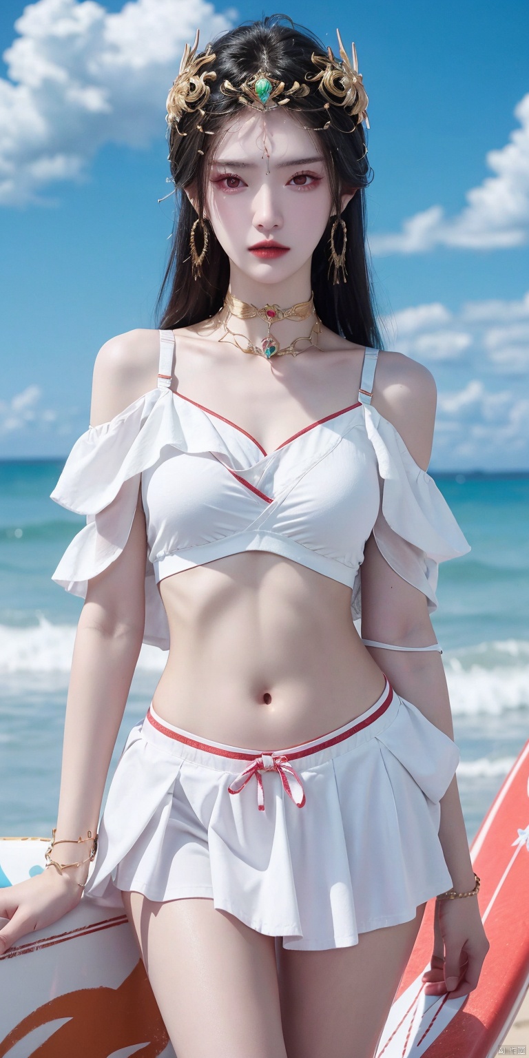  ,(Good structure), DSLR Quality,Short skirt,Blue sky, white clouds, ocean,((Surf)), nai3, 1girl, solo, crop top, , choker, navel, shirt, midriff, crop top overhang, looking at viewer, white shirt, jewelry, breasts, bare shoulders, off-shoulder shirt, off shoulder, black choker, thighs, stomach, long hair, bracelet, short sleeves, ribbon, hand up, collarbone, hair ribbon, medium breasts, , bra strap, , hair ornament, thigh gap, necklace, expressionless,hongdie