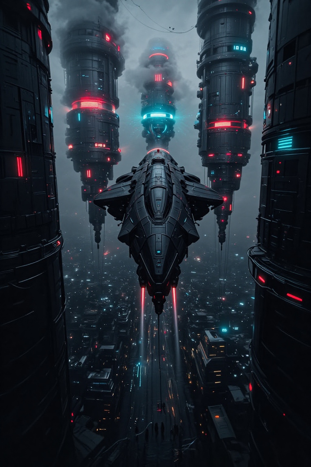 A futuristic starship launch base suspended in mid-air,  anchored by glowing anti-gravity generators. The starship,  sleek...