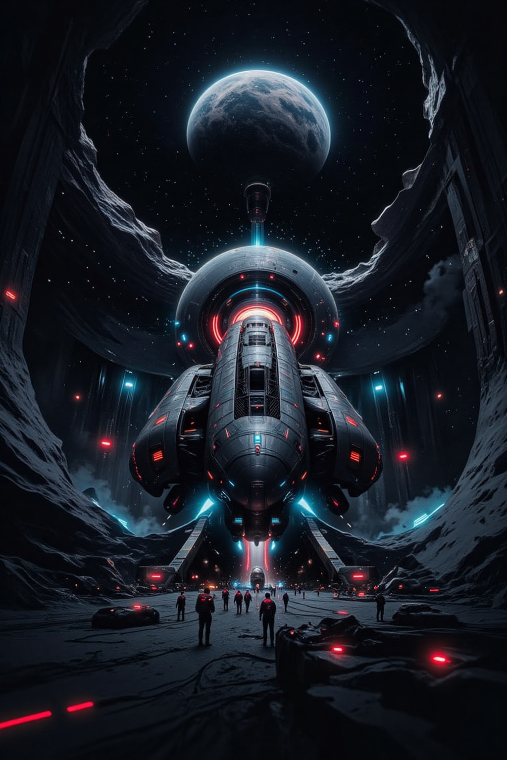 A high-tech launch facility built into a crater on the moon,  with a starship ready for takeoff on an elevated platform. T...