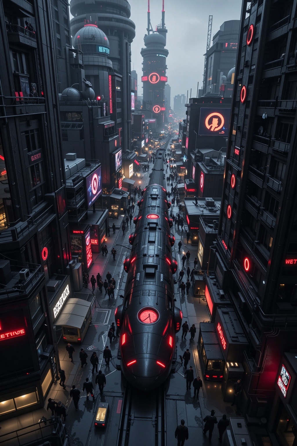 FuturEvoLab_Red,  A highly detailed cyberpunk cityscape viewed from above,  showcasing a futuristic urban environment with...