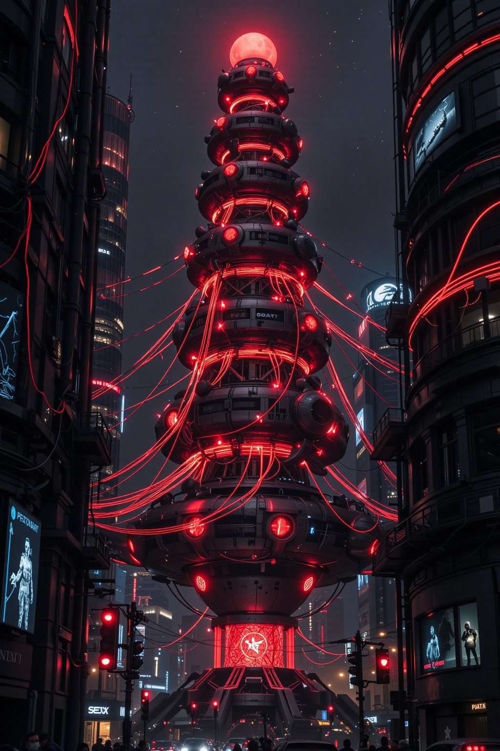 FuturEvoLab_Red,  A massive high-tech Christmas tree glowing in red,  towering over a futuristic city center like a launch...