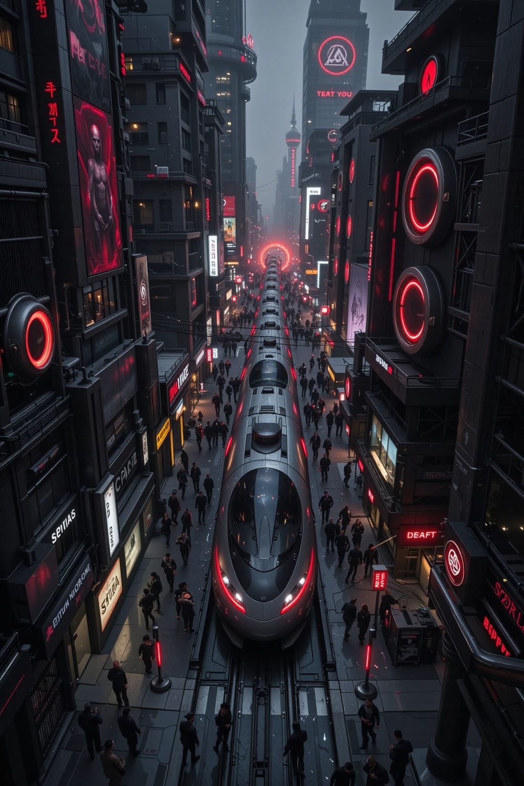 FuturEvoLab_Red,  A highly detailed cyberpunk cityscape viewed from above,  showcasing a futuristic urban environment with...