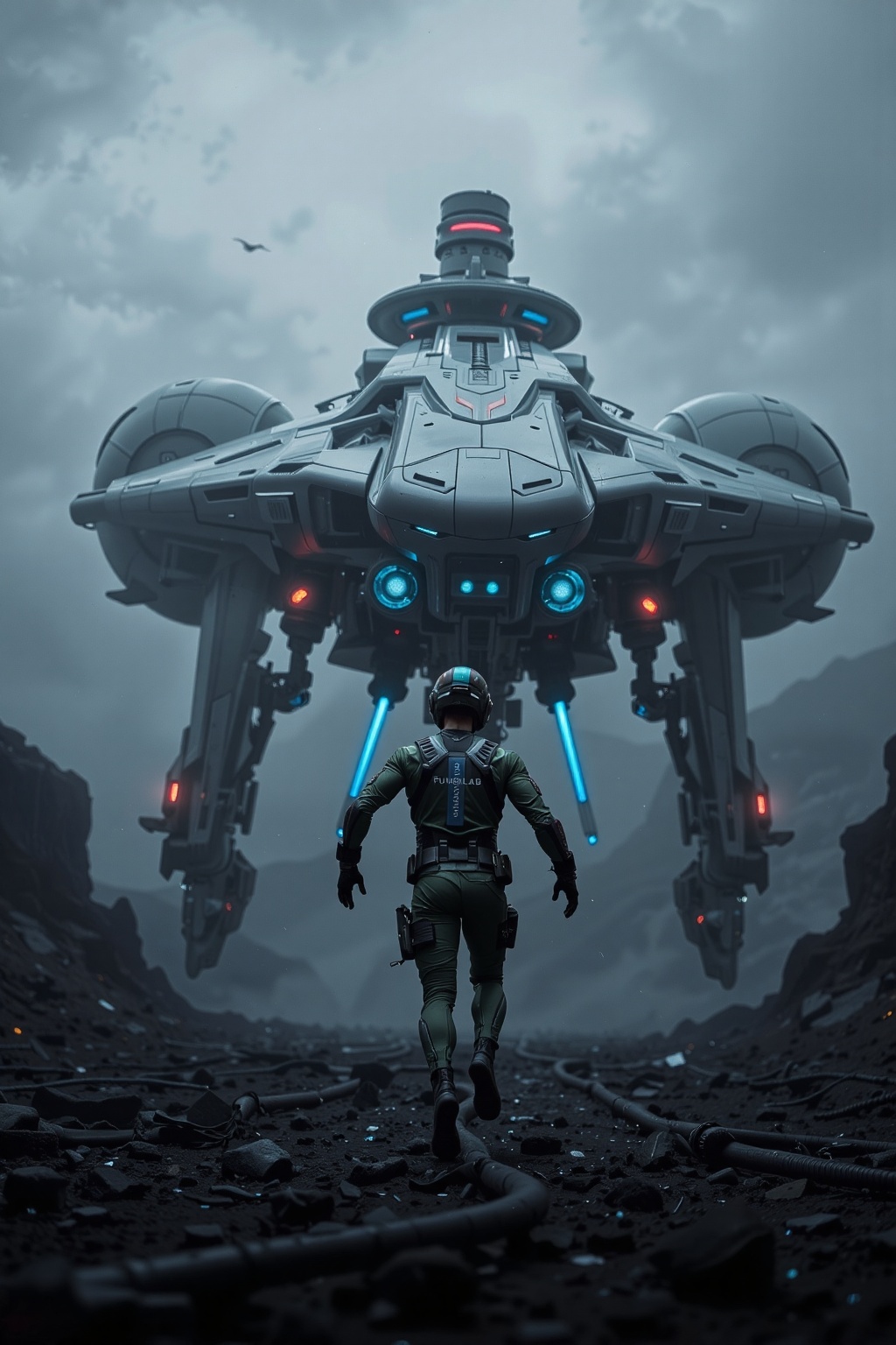 A futuristic,  cinematic CGI-rendered scene set in a dystopian sci-fi environment. The foreground features a humanoid figu...