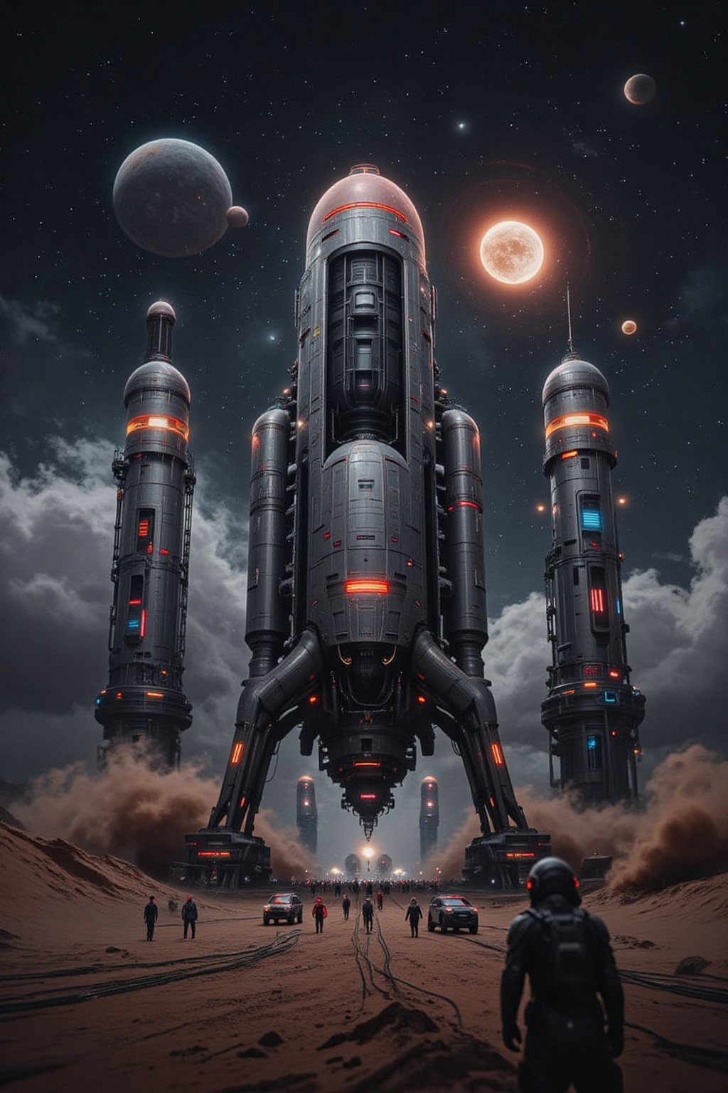 A sprawling starship launch base set in a barren desert under a sky filled with twin suns. The launch pad features massive...