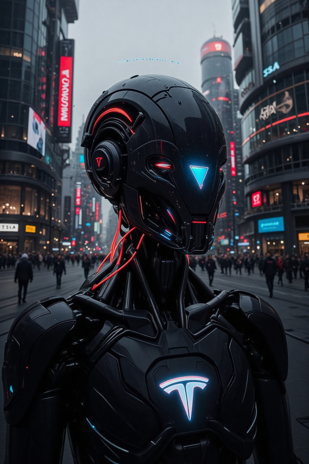 A striking close-up of a humanoid Tesla robot with a polished,  jet-black helmet featuring a triangular blue glowing "eye"...