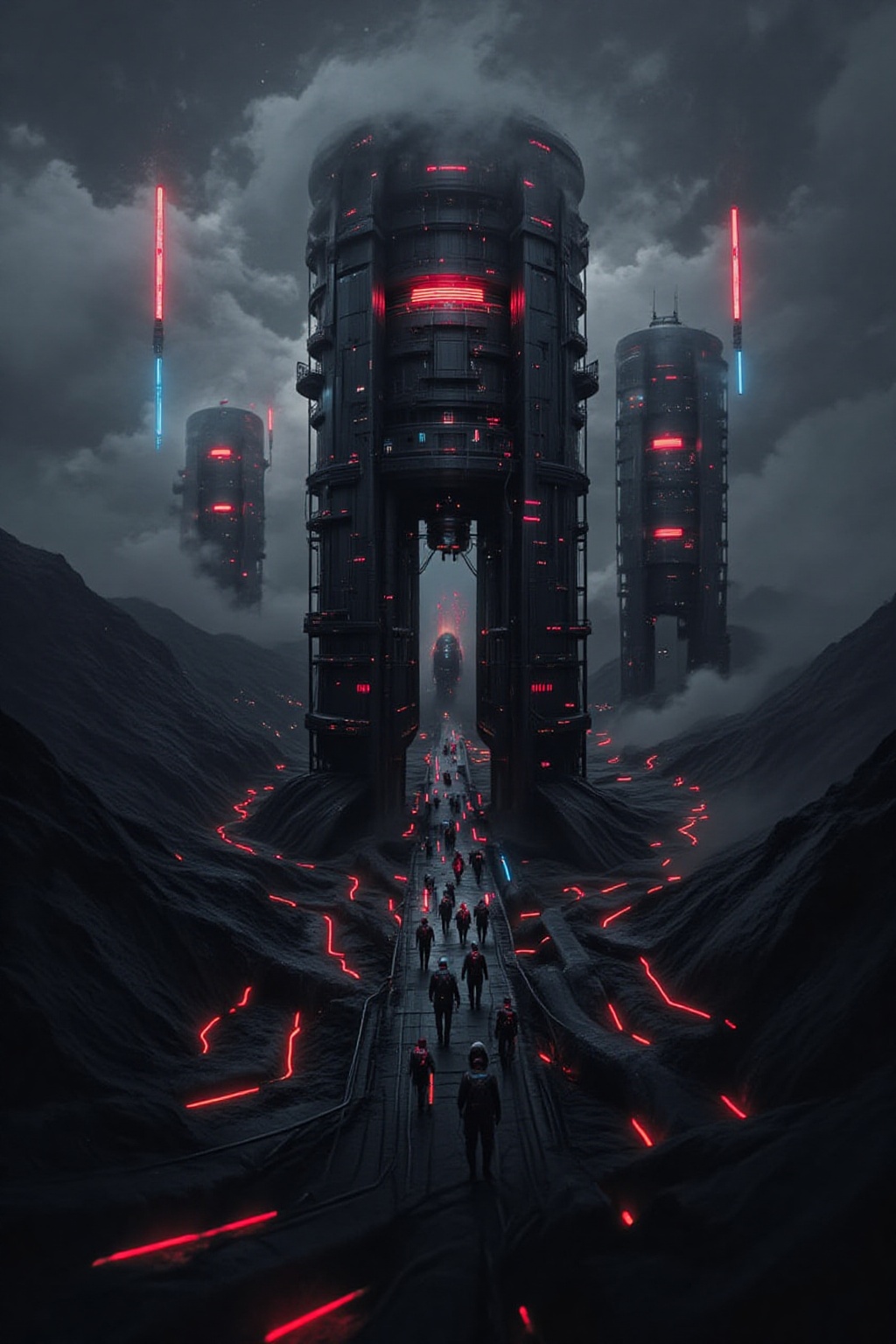 A colossal industrial structure towering over a desolate volcanic landscape,  with rivers of molten lava glowing faintly i...