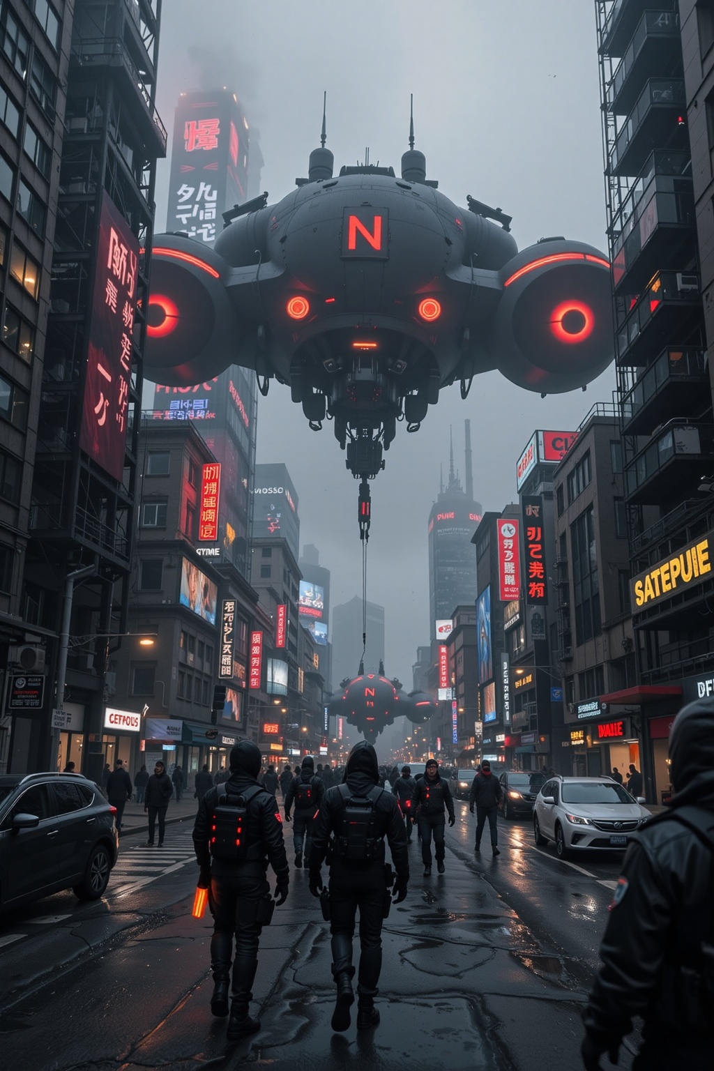 FuturEvoLab_Red,  A dystopian cyberpunk street scene set in a futuristic city,  featuring a massive hovering industrial dr...