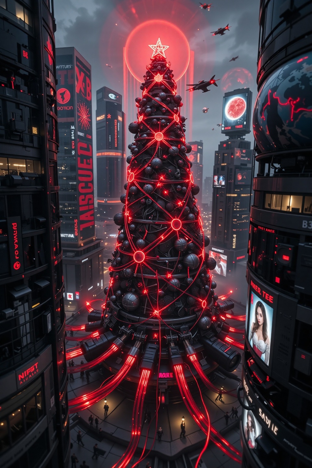 FuturEvoLab_Red,  A stunning cyberpunk holiday scene featuring a monumental red Christmas tree at the center of a sprawlin...