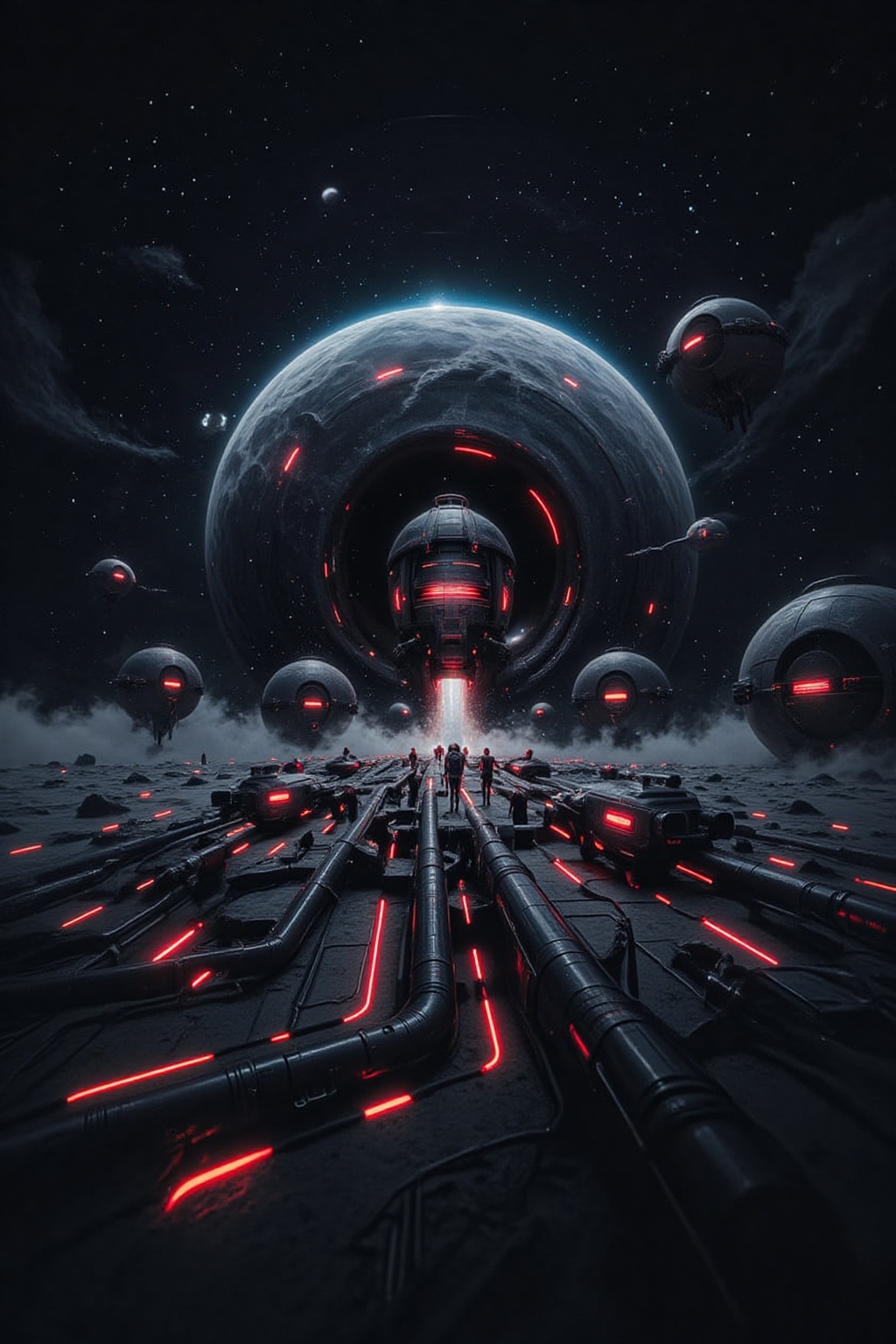 A futuristic lunar base under attack,  with alarms flashing red across the entire compound. Spacecraft take off from glowi...